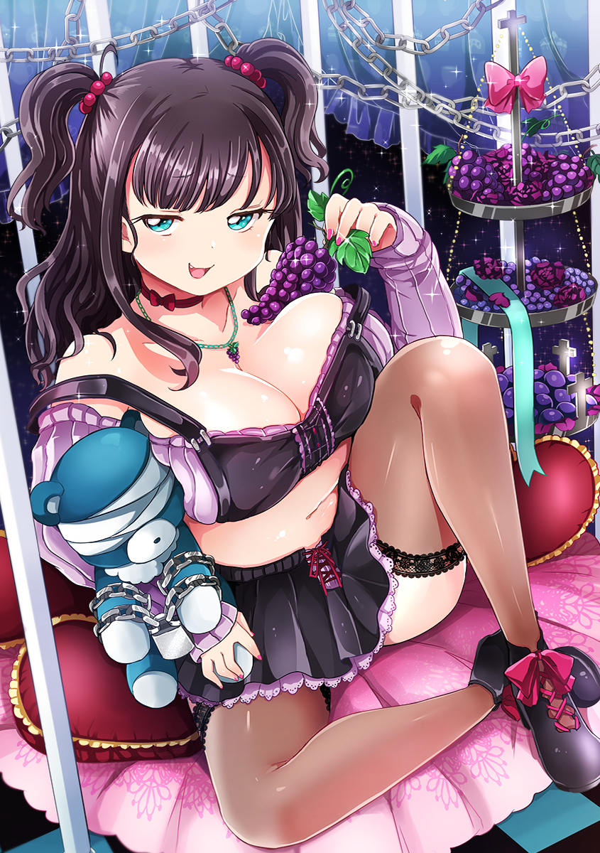 1girl bare_shoulders black_hair black_legwear blindfold blue_eyes bra breasts cage chain cleavage collar food fruit grapes hair_bobbles hair_ornament highres jewelry kamiya_zuzu large_breasts lock long_hair looking_at_viewer midriff navel necklace open_mouth original pillow sitting skirt smile solo stuffed_animal stuffed_toy sweater teddy_bear thigh-highs tray two_side_up underwear