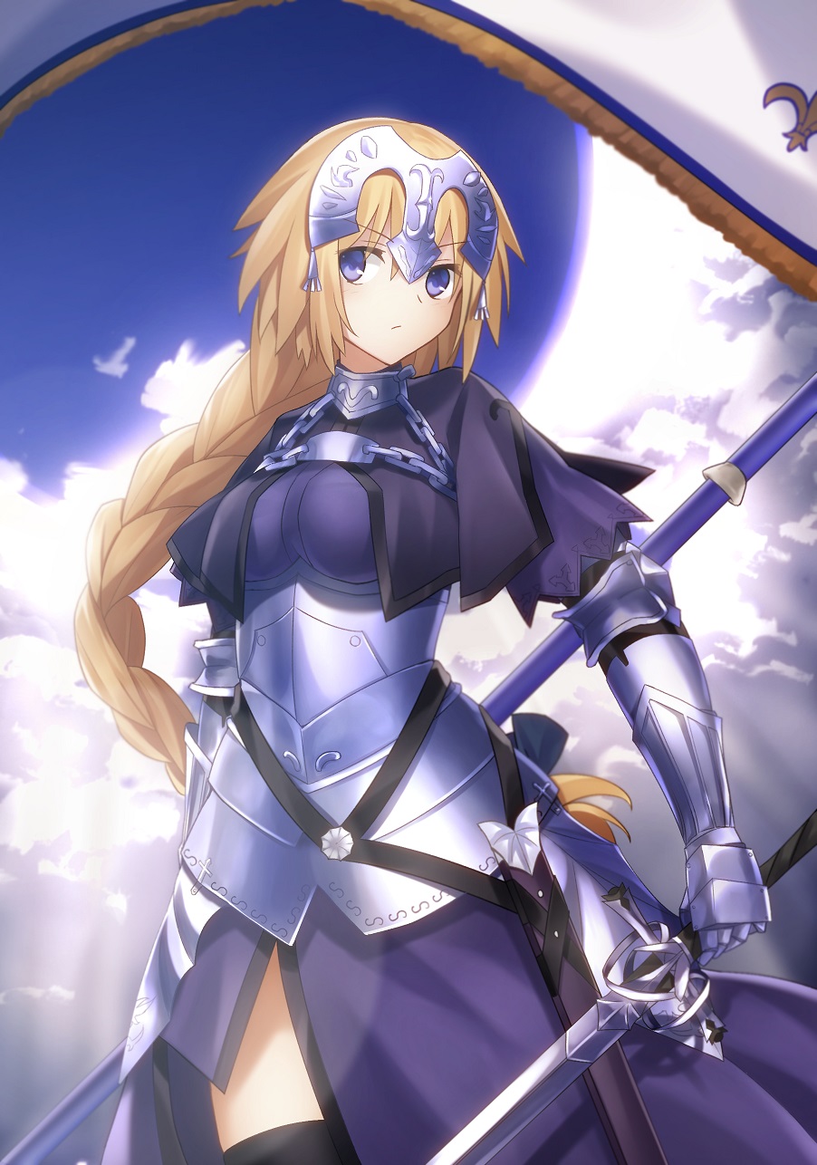 1girl armor armored_dress black_legwear blonde_hair blue_eyes blue_sky braid capelet clouds fate/grand_order fate/stay_night fate_(series) flag headpiece highres long_hair looking_at_viewer metal_gloves minamina ruler_(fate/apocrypha) ruler_(fate/grand_order) sky solo sword thigh-highs very_long_hair weapon