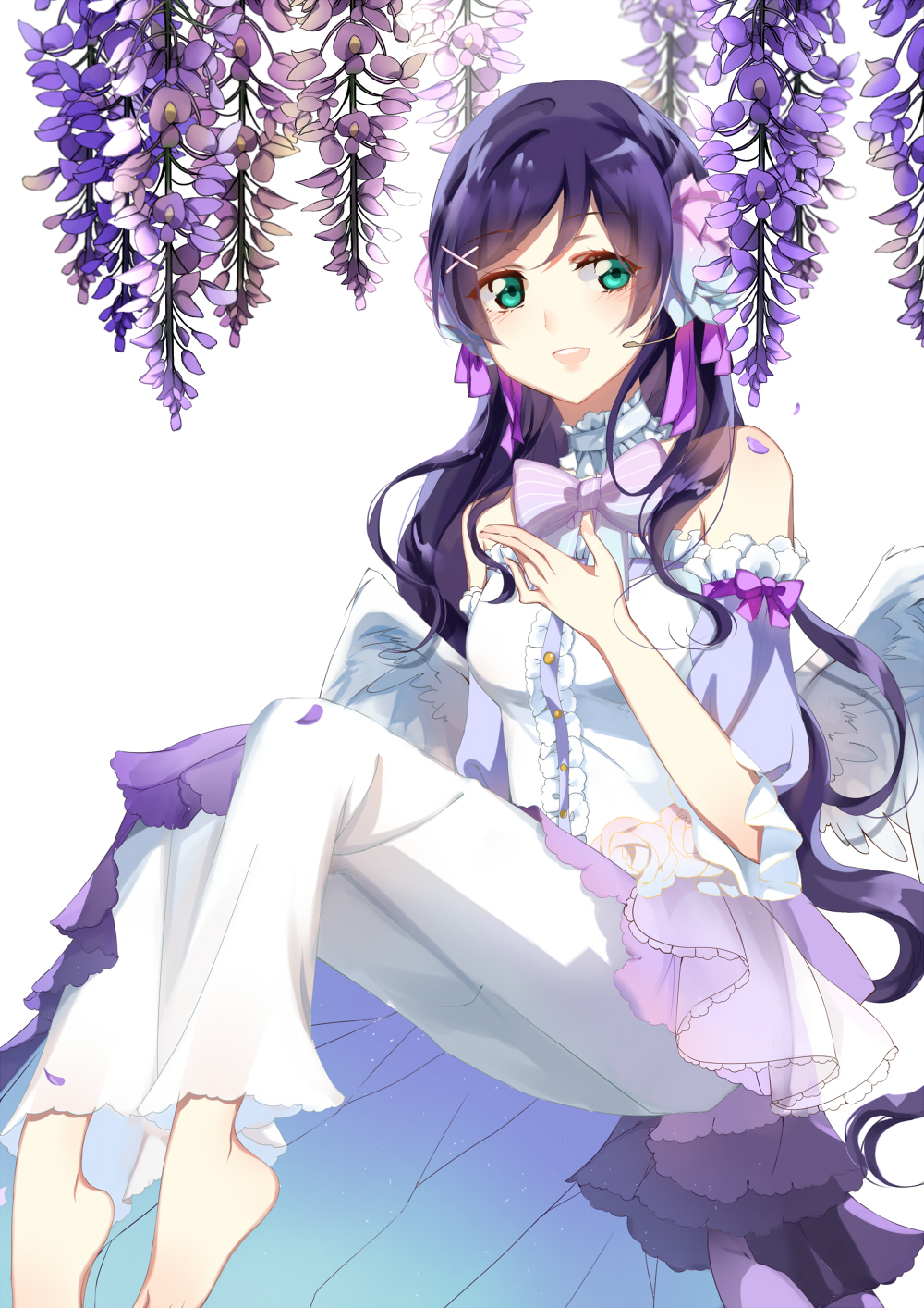 angel barefoot blush dress green_eyes long_hair love_live!_school_idol_project smile toujou_nozomi violet_hair wings