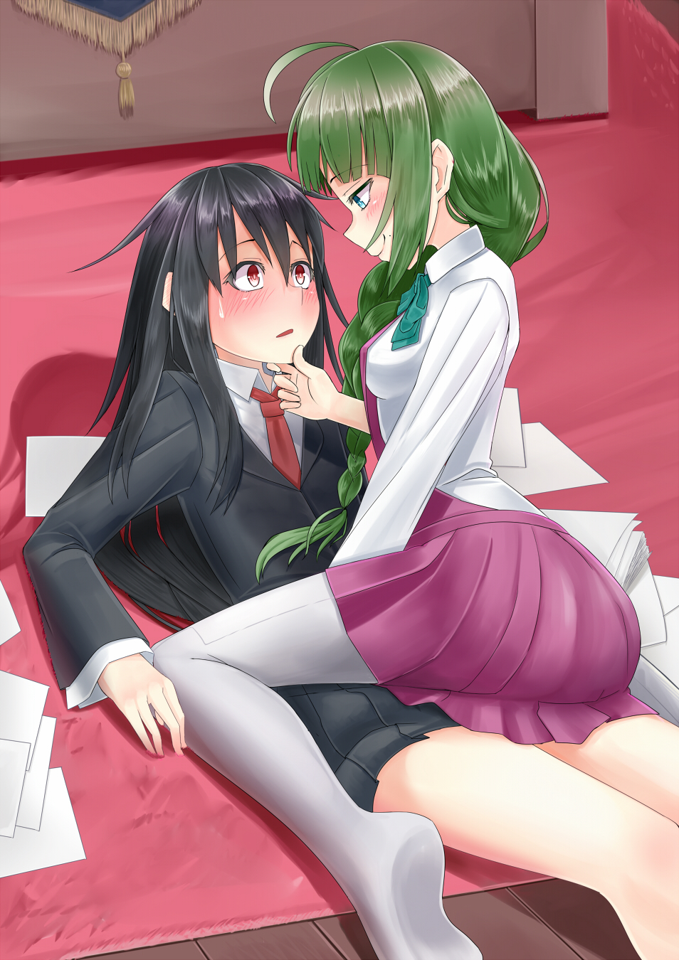 2girls black_hair blush braid carpet commentary_request green_hair hand_on_another's_chin hatsushimo_(kantai_collection) highres kantai_collection long_hair multiple_girls papers red_eyes single_braid sitting sitting_on_person smile sweat yuri yuugumo_(kantai_collection) zaki_(2872849)