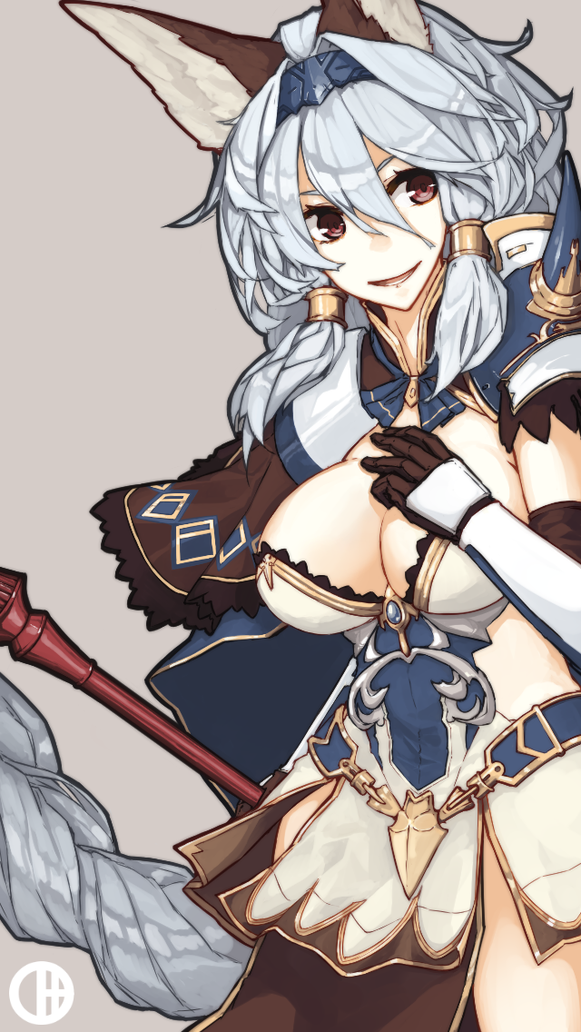 1girl animal_ears armor armored_dress bangs black_gloves braid breasts cat_ears cleavage dress elbow_gloves gloves granblue_fantasy grey_background hair_between_eyes hair_intakes hair_tubes hairband hand_on_own_chest heles large_breasts long_hair looking_away looking_to_the_side mikoto_(oi_plus) open_mouth polearm red_eyes short_dress shoulder_pads silver_hair simple_background single_braid smile solo spear spikes vambraces weapon