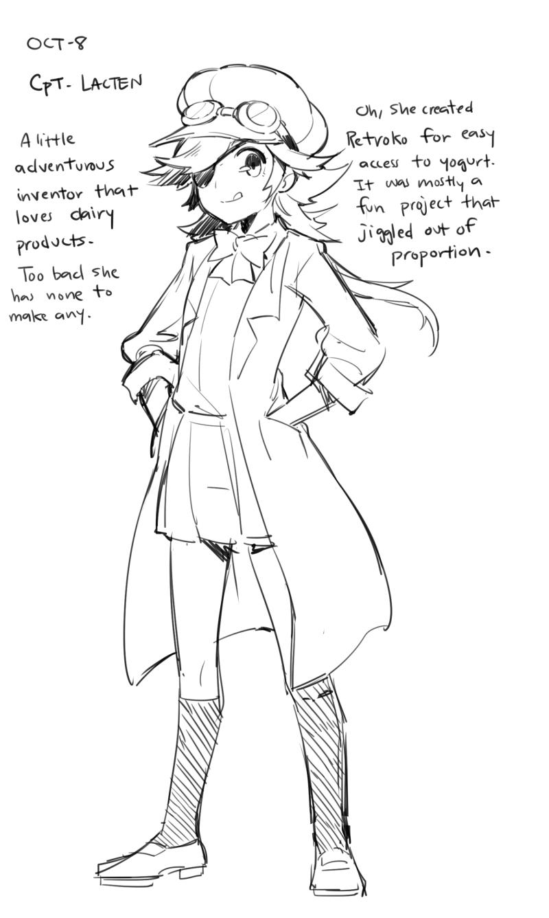 1girl :p bow cabbie_hat character_name character_profile english eyepatch gebyy-terar goggles hair_over_one_eye hands_in_pockets hat highres kneehighs labcoat loafers long_hair monochrome original school_uniform shoes sketch solo spiky_hair tongue tongue_out
