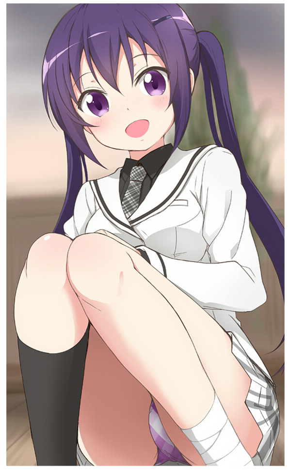 1girl bandages black_legwear blazer blush gochuumon_wa_usagi_desu_ka? itamochi long_hair looking_at_viewer necktie open_mouth panties pantyshot pantyshot_(squatting) purple_hair purple_panties school_uniform smile solo sprain squatting tedeza_rize twintails underwear violet_eyes　mecha_sophie