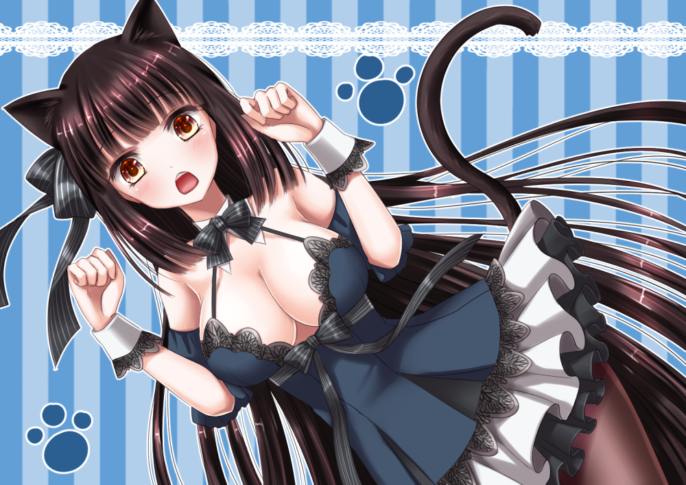 1girl :d animal_ears bare_shoulders blue_background blue_dress bowtie breasts brown_hair cat_ears cat_tail cleavage cowboy_shot dress dutch_angle frilled_skirt frills itsumoto_hiroharu large_breasts long_hair looking_at_viewer open_mouth orange_eyes original pantyhose paw_pose skirt smile tail vertical-striped_background vertical_stripes very_long_hair