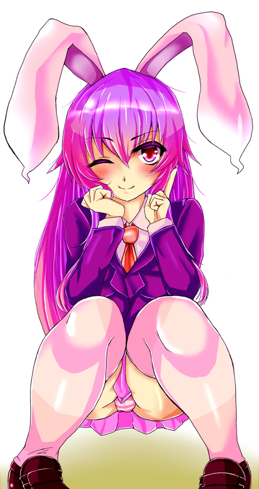 1girl animal_ears blazer fujimori_tonkatsu highres one_eye_closed panties pantyshot pantyshot_(squatting) pink_hair pointy_ears rabbit_ears red_eyes reisen_udongein_inaba solo squatting striped striped_panties thigh-highs touhou underwear white_legwear