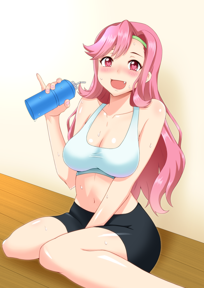 1girl bare_shoulders bike_shorts blush breasts celia_ootsuka cleavage fang hairband large_breasts long_hair looking_at_viewer maken-ki! midriff navel open_mouth panties pink_eyes pink_hair pinky_out shamun smile solo sports_bra underwear