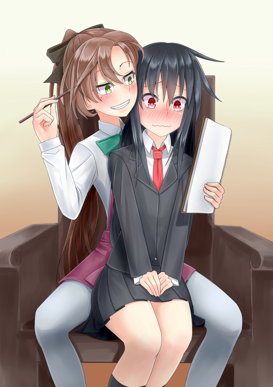 2girls akigumo_(kantai_collection) black_hair blush brown_hair chair commentary_request green_eyes hair_ribbon hatsushimo_(kantai_collection) highres kantai_collection long_hair mole mole_under_eye multiple_girls pencil ponytail red_eyes ribbon sitting sitting_on_lap sitting_on_person sketchbook smile yuri zaki_(2872849)