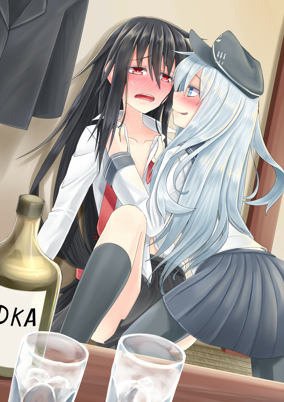 2girls black_hair blue_eyes blush commentary_request glass hat hatsushimo_(kantai_collection) hibiki_(kantai_collection) highres kantai_collection licking_lips multiple_girls partially_undressed red_eyes sweat tongue tongue_out vodka white_hair yuri zaki_(2872849)