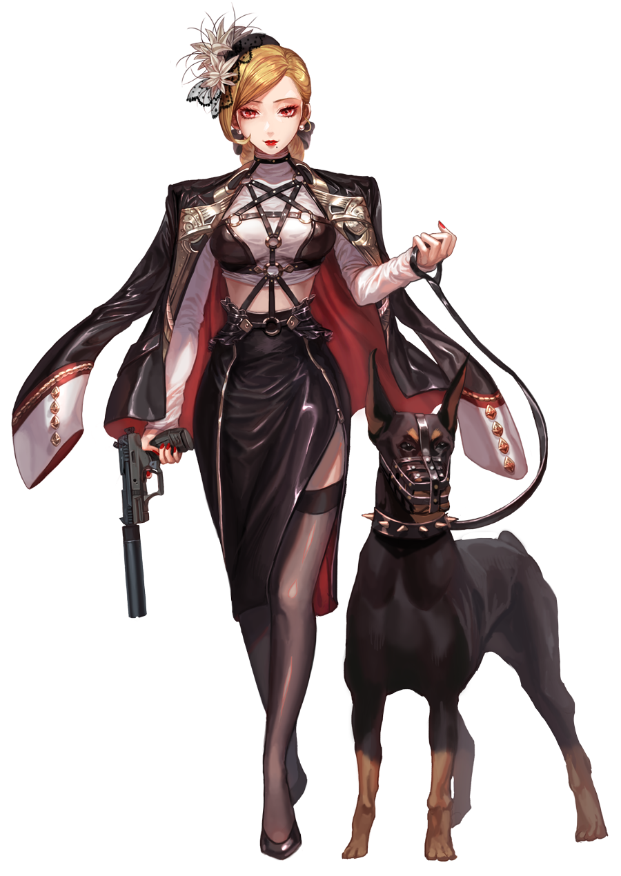 1girl bangs belt black_bow black_legwear black_shoes black_skirt blonde_hair bow box_(hotpppink) buckle collar doberman dog flower full_body gun hair_bow hair_flower hair_ornament handgun highres holding_gun holding_leash holding_weapon jacket_on_shoulders jewelry leash long_hair long_skirt long_sleeves looking_at_viewer midriff mole mole_under_mouth nail_polish original pearl_earrings pentagram red_eyes red_lips red_nails ring shirt shoes side_slit simple_background skirt smile solo spiked_collar spikes standing swept_bangs thigh-highs weapon white_background white_flower white_shirt