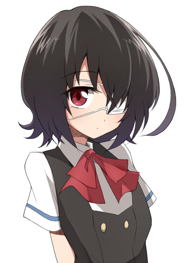 1girl another black_hair eyepatch looking_at_viewer misaki_mei red_eyes school_uniform short_hair solo upper_body white_background