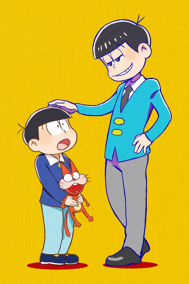 2boys artist_request black_hair bowl_cut carrying cat dual_persona formal male_focus multiple_boys osomatsu-kun osomatsu-san osomatsu_(osomatsu-kun) smile standing suit time_paradox yellow_background