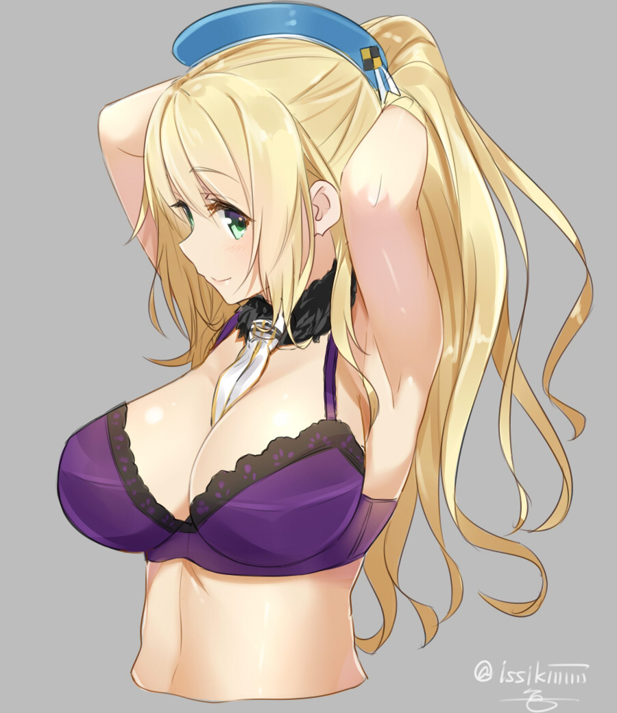 1girl arms_up atago_(kantai_collection) blonde_hair bra breasts bunching_hair detached_collar green_eyes hair_up hairdressing hat isshiki_(ffmania7) kantai_collection large_breasts long_hair ponytail purple_bra solo twitter_username underwear upper_body