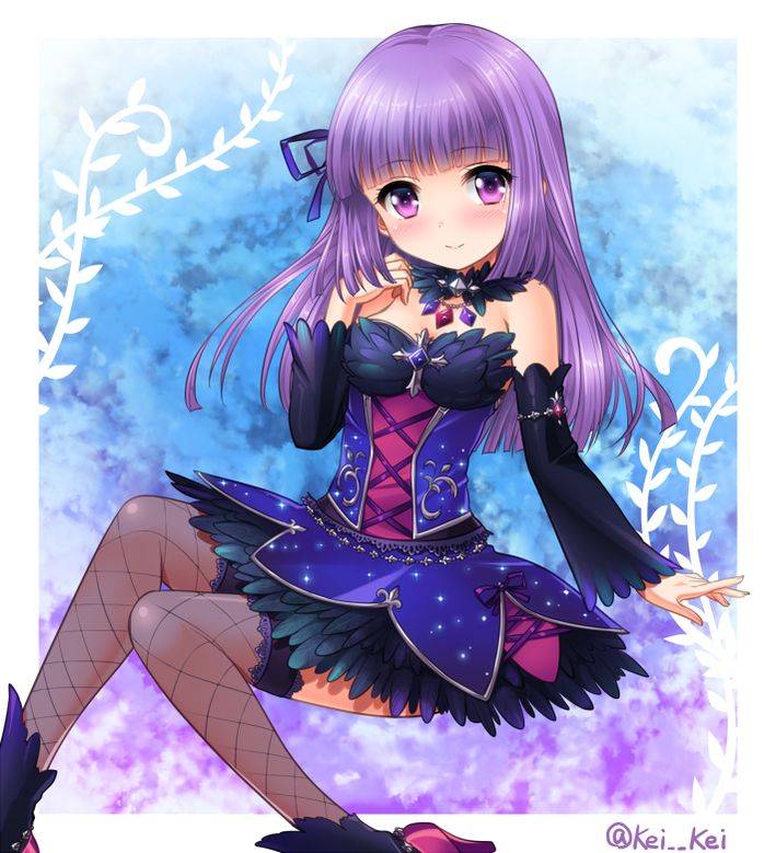 aikatsu! bare_shoulders blush dress gloves hikami_sumire long_hair purple_eyes smile violet_hair