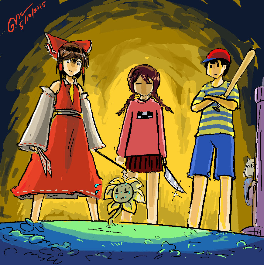 1boy 3girls crossover flowey_(undertale) gapangman hakurei_reimu madotsuki mother_(game) mother_2 multiple_girls ness toriel touhou undertale yume_nikki