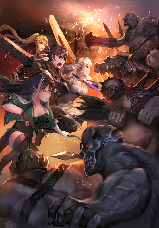 1boy 3girls axe battle bow_(weapon) breasts building electricity gloves helmet makai_no_juumin mask multiple_girls open_mouth orc original pointy_ears shoulder_pads sword tsurime weapon