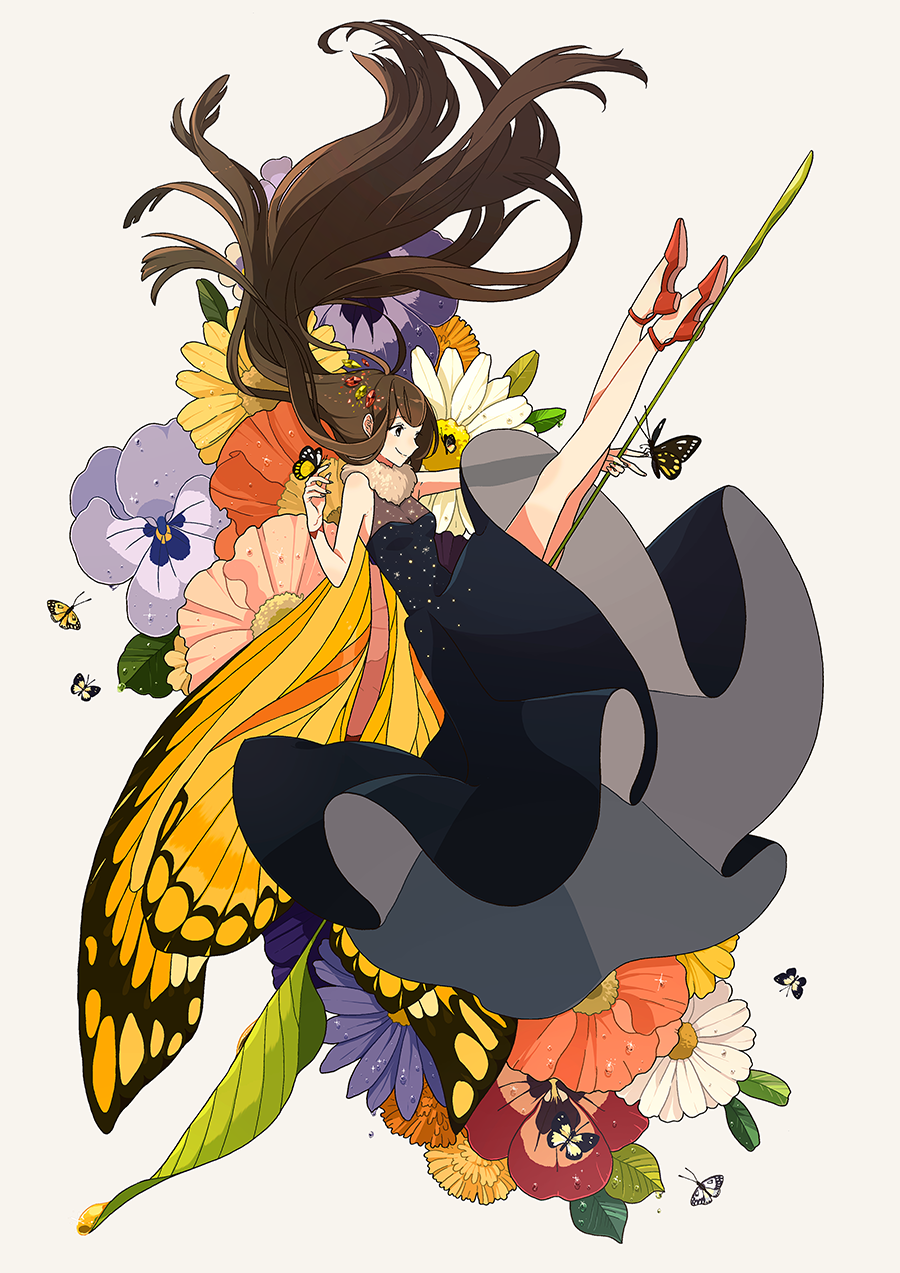1girl brown_hair butterfly butterfly_wings dress flower highres kurokeisin long_hair original solo wings