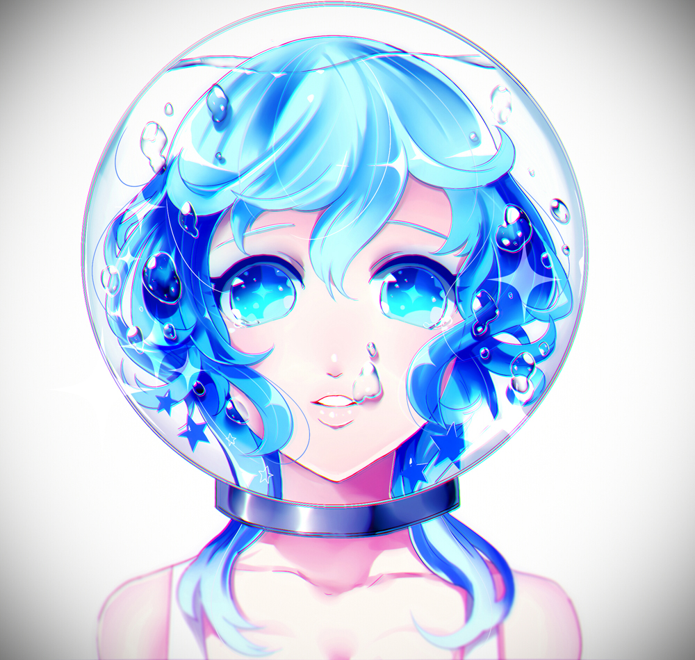 +_+ 1girl blue blue_eyes blue_hair bubble face helmet holding_breath kisaragiyuu original portrait solo vignetting water