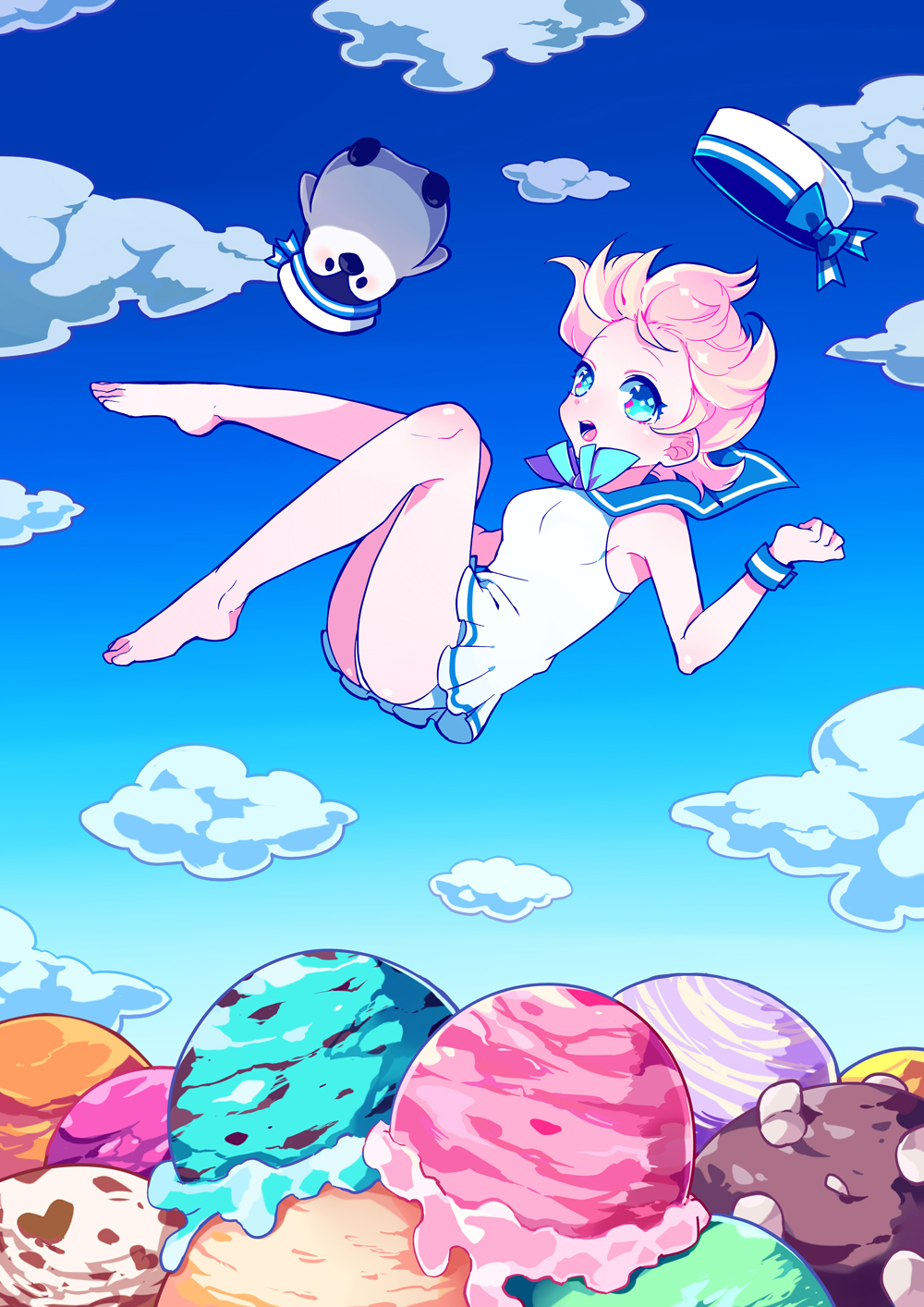 1girl barefoot bird blue_eyes blue_sky bowtie clouds dixie_cup_hat falling food full_body hat hat_removed headwear_removed highres ice_cream kisaragiyuu military_hat original penguin pink_hair sailor_dress sky wrist_cuffs
