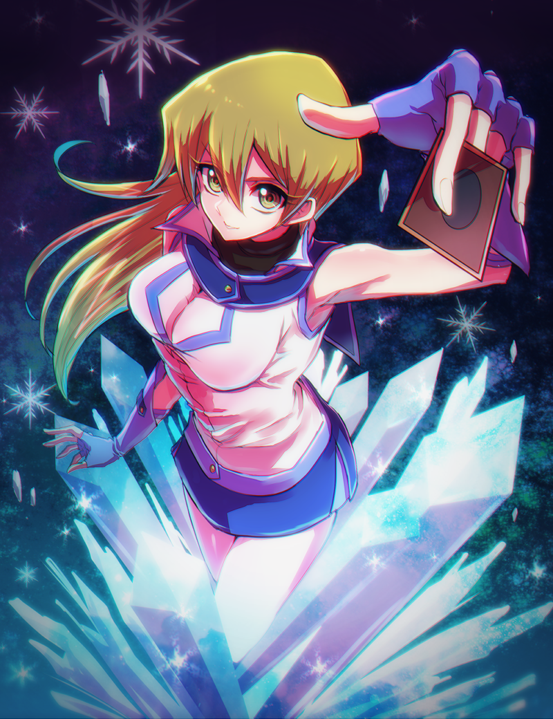 1girl armpits blonde_hair breasts card fingerless_gloves gloves ice long_hair looking_at_viewer raijin-bh school_uniform skirt sleeveless smile snowflakes solo tenjouin_asuka yellow_eyes yuu-gi-ou yuu-gi-ou_gx