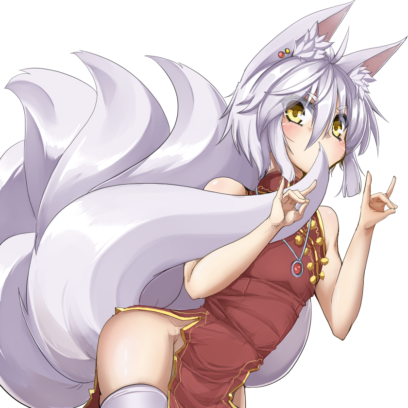 1girl amino_dopple animal_ears bare_shoulders blush china_dress chinese_clothes fox_ears fox_tail looking_at_viewer multiple_tails no_panties original short_hair side_slit silver_hair simple_background solo tail thigh-highs transparent_background white_legwear yellow_eyes