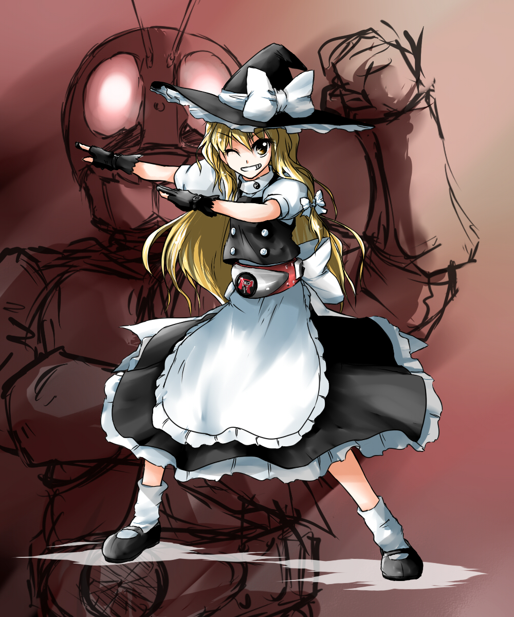 1boy 1girl apron black_dress black_gloves black_shirt black_shoes blonde_hair bow crossover dress female gloves hat henshin henshin_pose highres kamen_rider kamen_rider_2 kazami_shirou_(kaizou-zumi) kirisame_marisa male parody rider_belt shirt shoes solo touhou white_bow witch_hat