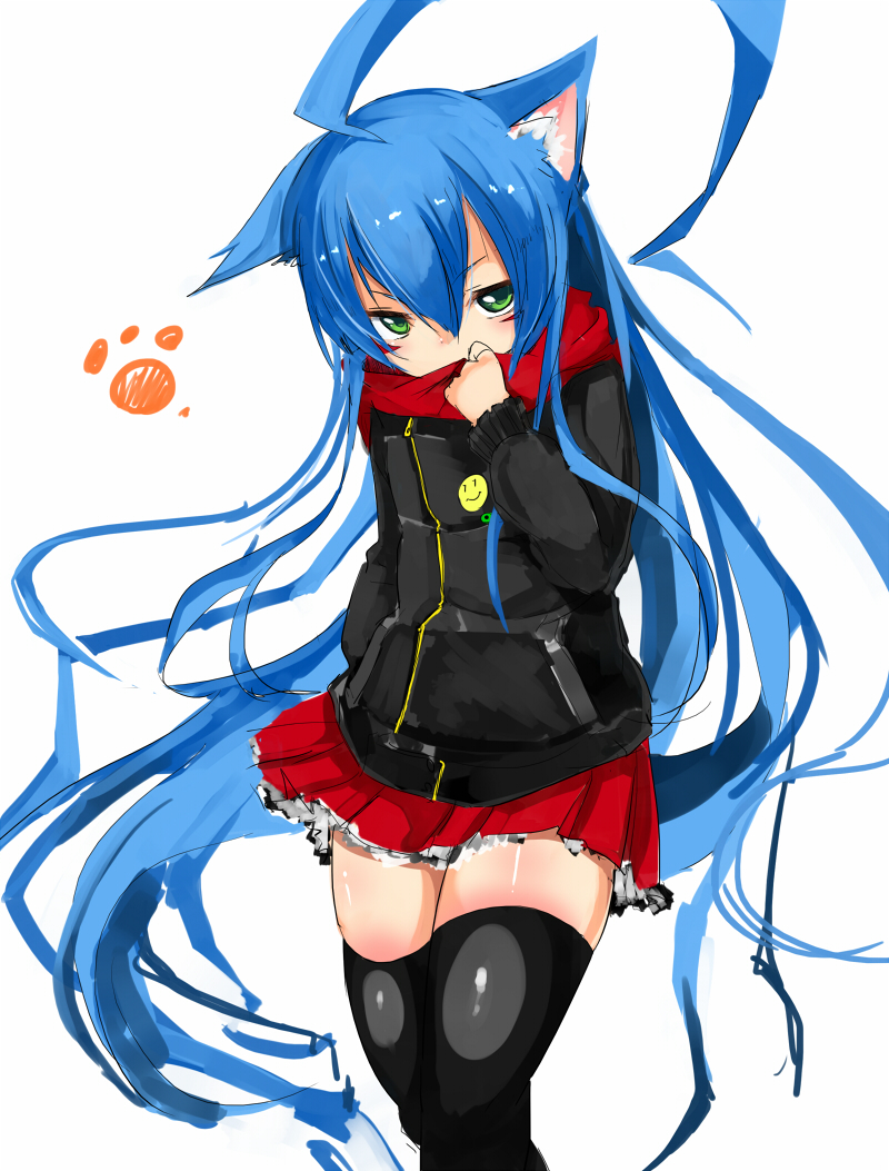 1girl ahoge animal_ears badge blue_hair button_badge cat_ears coup_(shun_soku) green_eyes hand_in_pocket jacket long_hair looking_at_viewer original paw_print scarf shun_soku simple_background skirt smiley_face solo thigh-highs very_long_hair white_background zettai_ryouiki