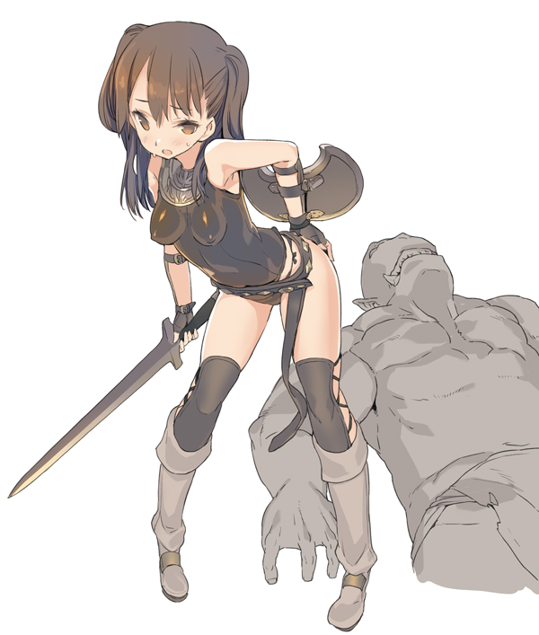 1girl blade_(galaxist) boots breasts brown_eyes brown_hair covered_nipples knee_boots leaning_forward leotard long_hair shield standing sword thigh-highs weapon