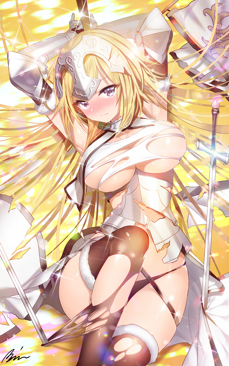 1girl aile_(crossroads) armor arms_up black_legwear blonde_hair breasts crown fate/apocrypha fate/grand_order fate_(series) gauntlets headpiece highres large_breasts long_hair looking_at_viewer lying on_back planted_sword planted_weapon restrained revision ruler_(fate/apocrypha) shield shirt skindentation solo sword thigh-highs thighs torn_clothes torn_shirt torn_thighhighs under_boob violet_eyes weapon