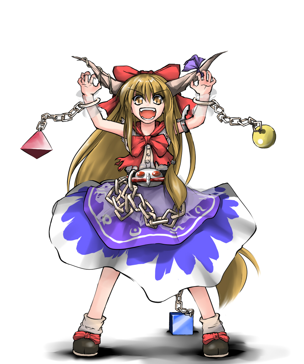 1girl bow chain crossover female henshin henshin_pose highres horns ibuki_suika immaterial_and_missing_power kamen_rider kamen_rider_amazon kamen_rider_amazon_(series) kazami_shirou_(kaizou-zumi) parody rider_belt touhou