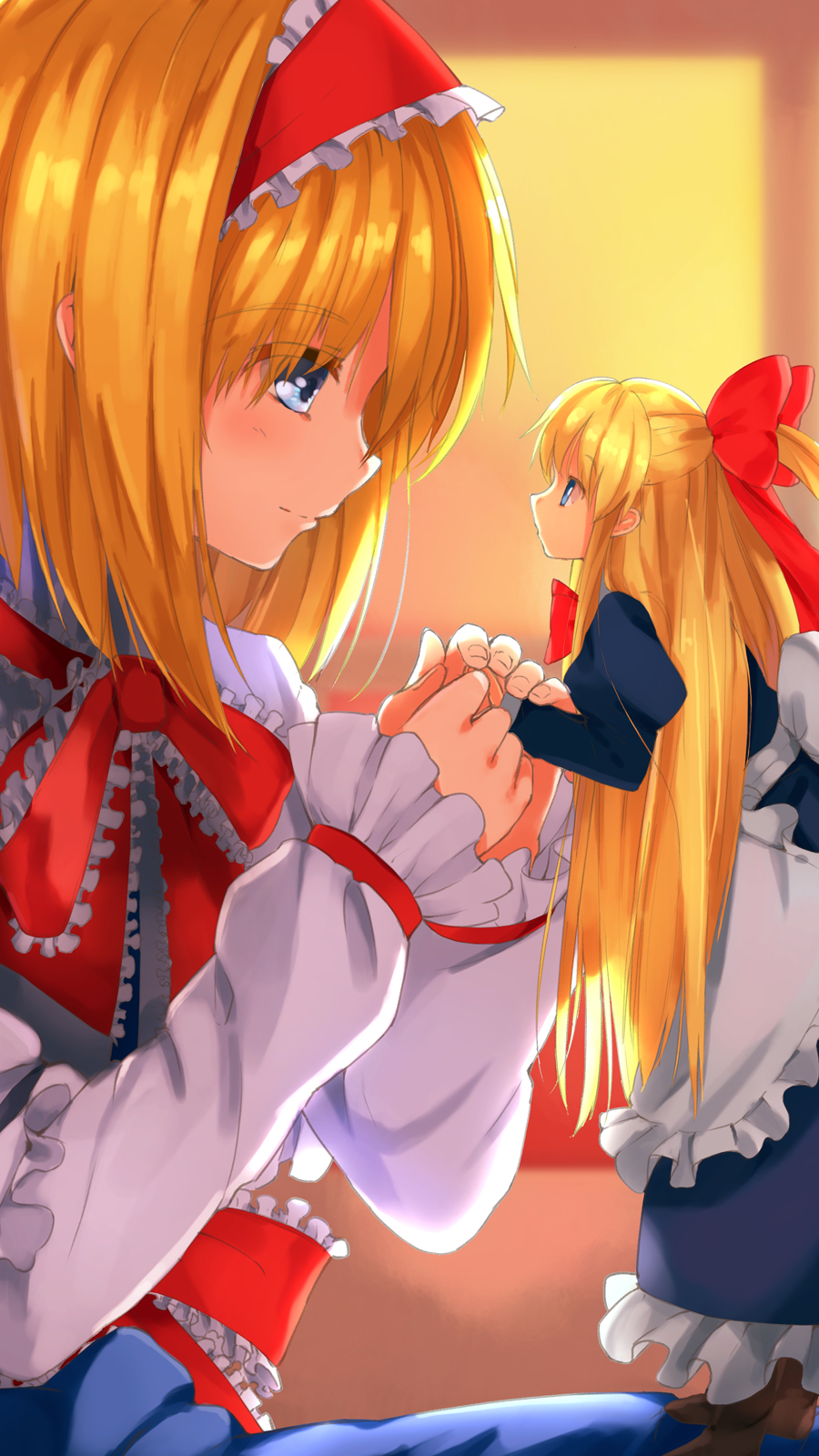 2girls alice_margatroid bangs blonde_hair blue_eyes boots bow capelet doll dress frills from_side hair_bow hairband highres holding_hands kanzen_bouon long_hair long_sleeves looking_at_another minigirl multiple_girls red_bow ribbon shanghai_doll short_hair smile standing touhou
