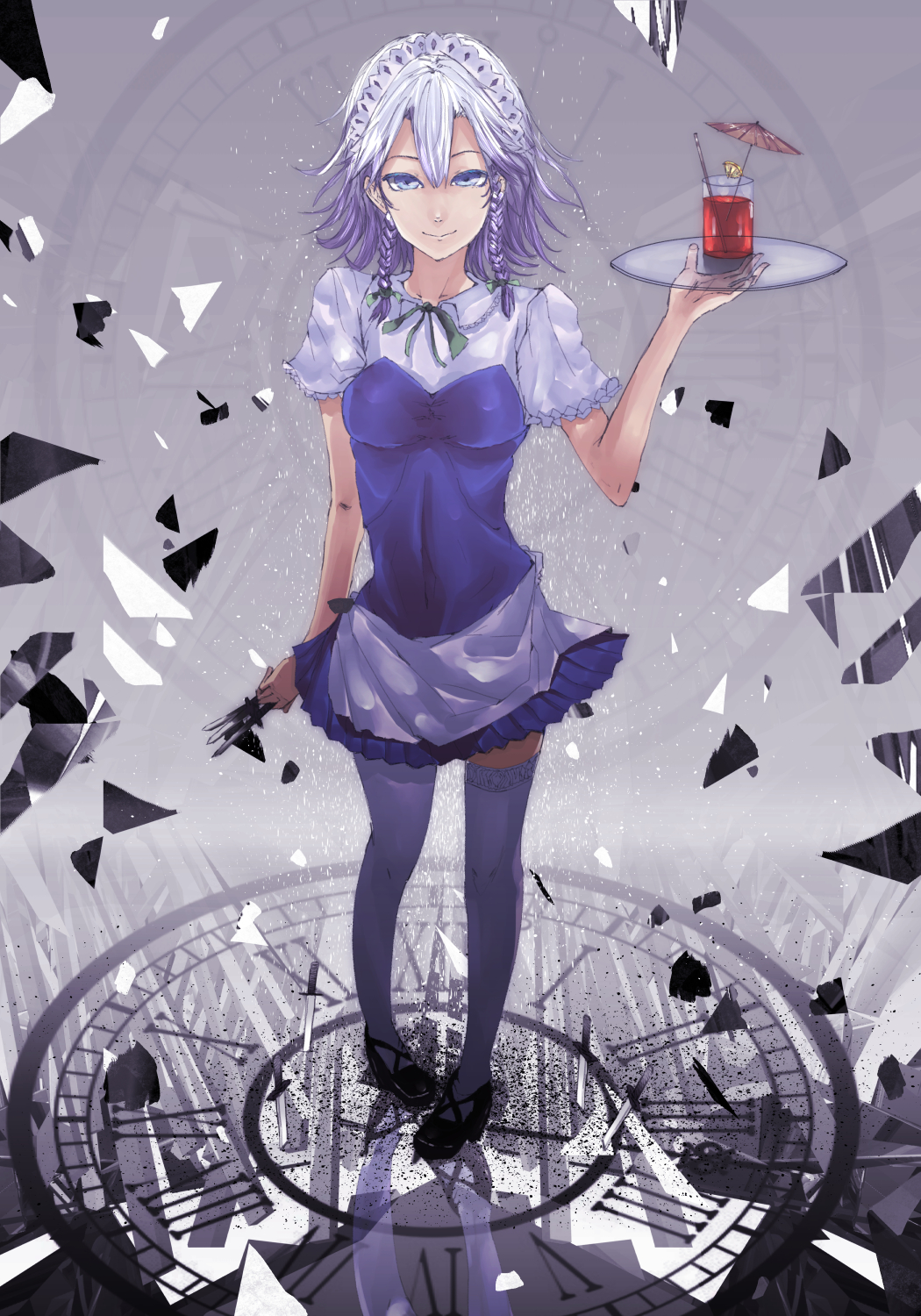 1girl adapted_costume anonamos apron between_fingers black_shoes blue_dress blue_eyes bow braid breasts clock_hands collared_shirt cup dress drink drink_umbrella drinking_glass drinking_straw frilled_shirt_collar hair_bow half-closed_eyes highres impossible_clothes impossible_dress izayoi_sakuya knife light_smile looking_at_viewer maid maid_apron maid_headdress pigeon-toed reflection ribbon roman_numerals shattering shirt shoes short_dress short_hair short_sleeves silver_hair solo strapless_dress thigh-highs time touhou tray twin_braids white_legwear