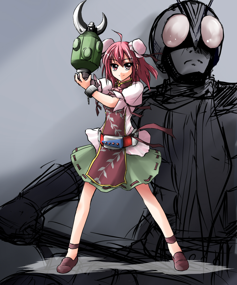 1boy 1girl claw_(weapon) double_bun female henshin henshin_pose highres ibaraki_kasen kamen_rider kamen_rider_v3_(series) kazami_shirou_(kaizou-zumi) mechanical_arm parody pink_hair rider_belt riderman riderman_(cosplay) solo touhou