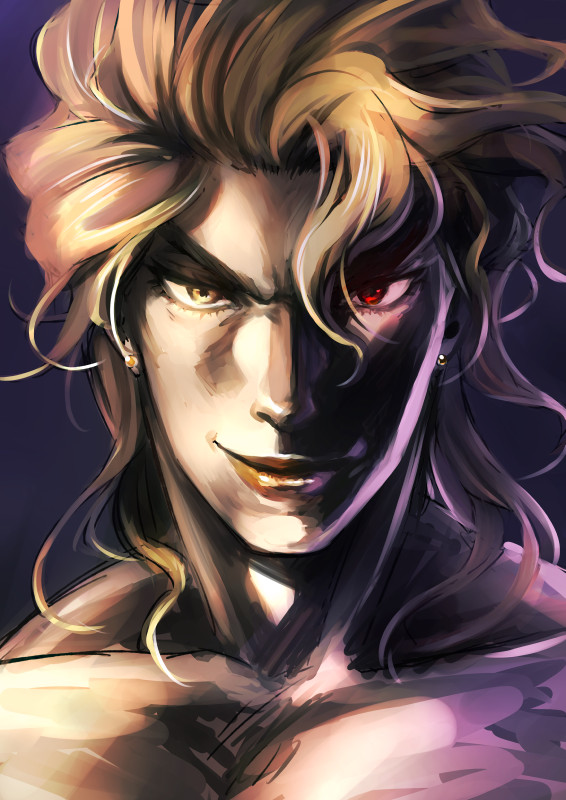 1boy blonde_hair collarbone dio_brando earrings face heterochromia jewelry jojo_no_kimyou_na_bouken kabane_(follabi) lipstick makeup male_focus red_eyes smile solo yellow_eyes yellow_lipstick