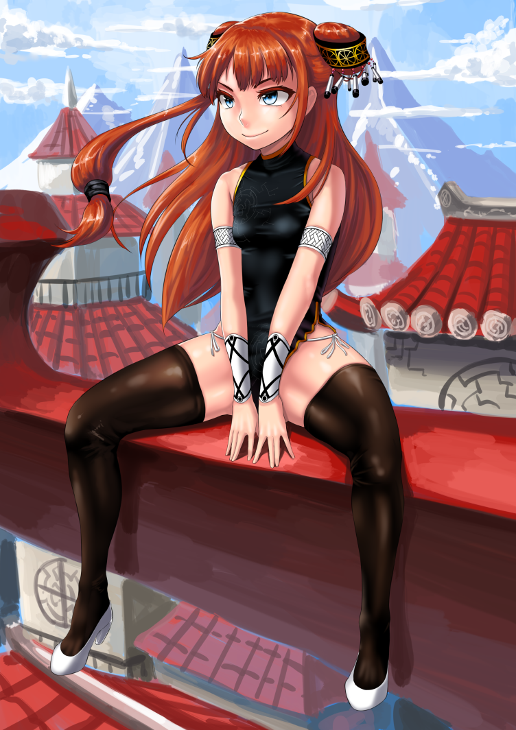 1girl architecture armband blue_eyes bracer brown_hair china_dress chinese_architecture chinese_clothes cloel double_bun east_asian_architecture hair_ornament high_heels long_hair original sitting sleeveless solo spread_legs thigh-highs