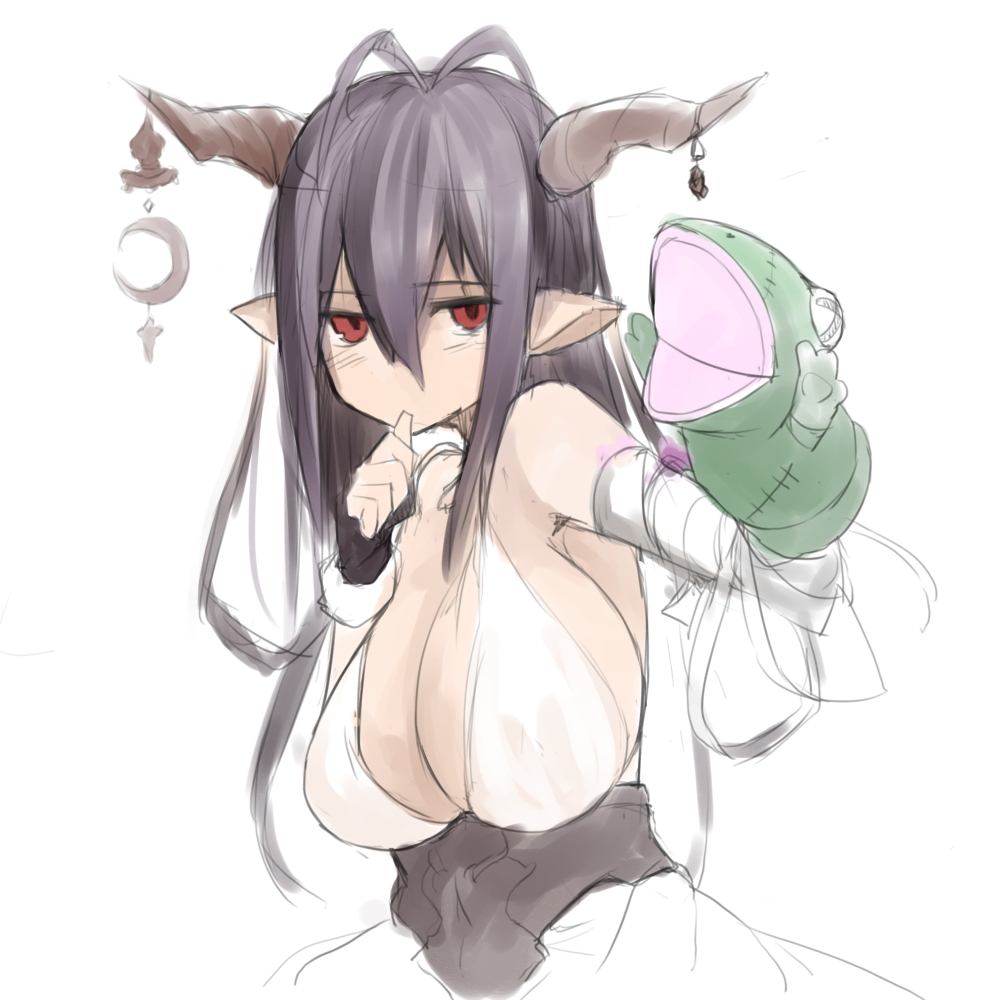 1girl antenna_hair bangs black_gloves breasts cleavage crescent danua dress finger_in_mouth fingerless_gloves frog gloves granblue_fantasy hair_between_eyes hand_puppet horn_ornament horns large_breasts long_hair masamuuu pointy_ears puppet purple_hair simple_background solo thumb_sucking white_background white_dress
