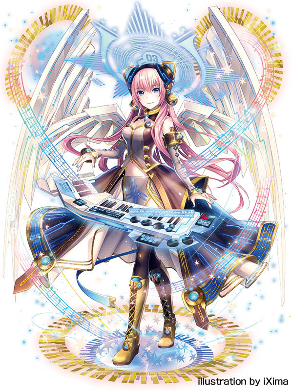 alternate_costume collaboration instrument ixima long_hair megurine_luka pink_hair synthesizer tagme very_long_hair vocaloid white_background wings