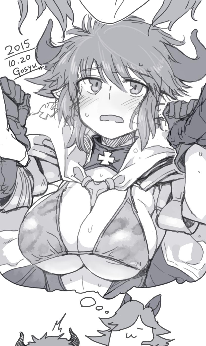 1boy 1girl 2015 :3 artist_name bangs bikini_top blush breasts cape cleavage closed_eyes cross cross_earrings dated drunk_(granblue_fantasy) earrings gloves granblue_fantasy hair_between_eyes highres horns imagining jewelry large_breasts looking_up monochrome pointy_ears short_hair sideboob simple_background solo_focus strum_(granblue_fantasy) sweat teruyof thought_bubble under_boob wavy_mouth white_background wrist_grab yukami_goushu