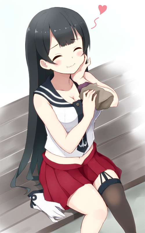 1girl agano_(kantai_collection) black_hair eating food gloves heart kantai_collection long_hair school_uniform serafuku skirt smile sui_(tsuruhibiki) sweet_potato