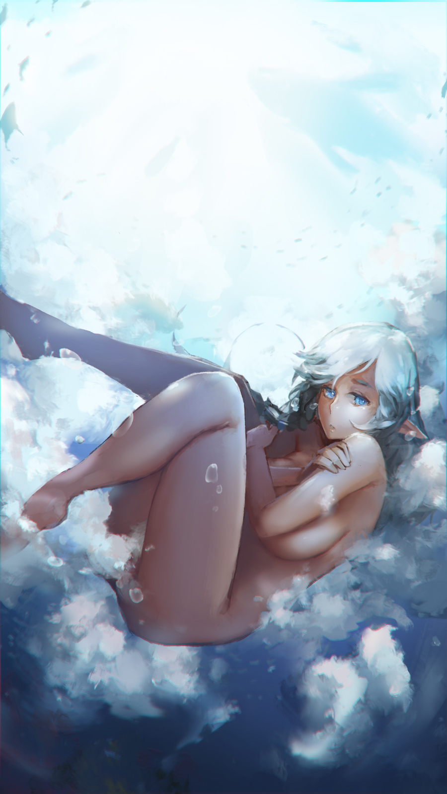 1girl blue_eyes blue_hair breasts highres long_hair nude original pointy_ears sideboob sky_of_morika solo underwater