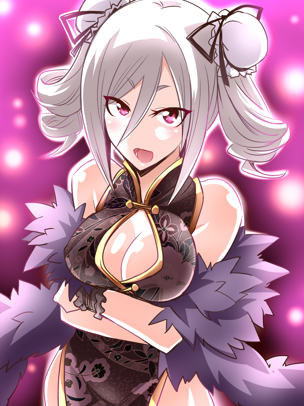 1girl bare_shoulders breast_hold breasts china_dress chinese_clothes cleavage_cutout crossed_arms double_bun drill_hair grey_hair highres idolmaster idolmaster_cinderella_girls kanzaki_ranko kobayashi_tetsuya looking_at_viewer open_mouth pink_eyes silver_hair solo twintails wrist_cuffs