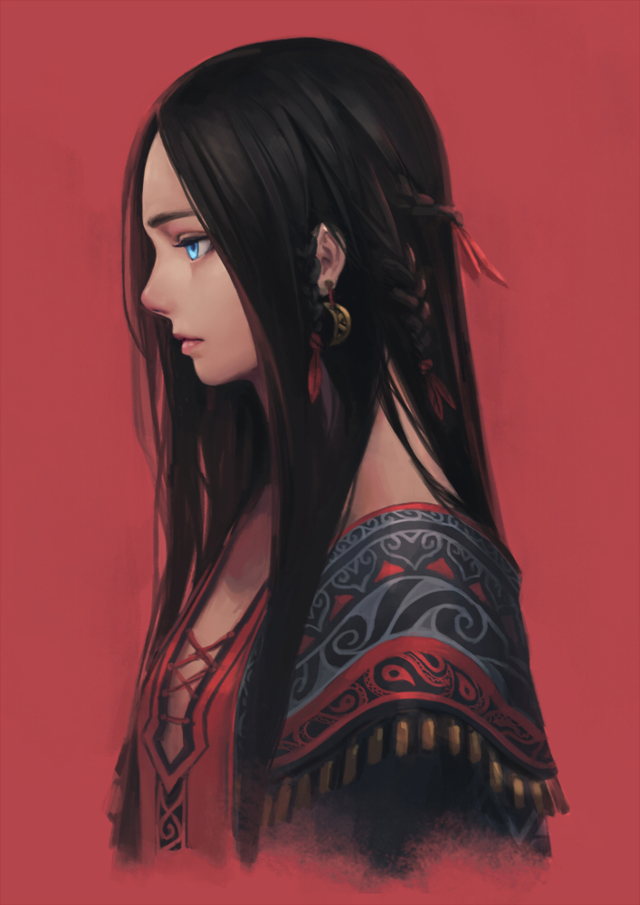 1girl black_hair blue_eyes braid crescent crescent_earrings earrings ggg_(ted08191) hair_ornament jewelry lace-up lipstick long_hair makeup original profile red_background solo traditional_clothes upper_body