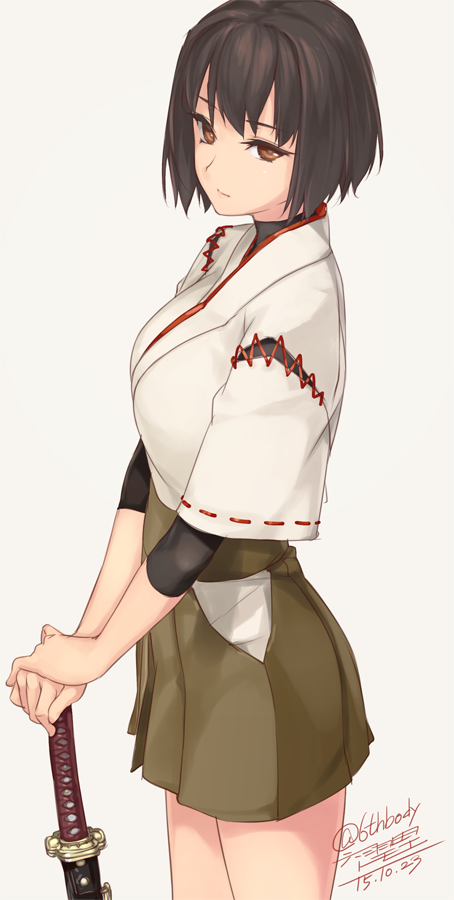 1girl artist_name brown_eyes brown_hair dated hyuuga_(kantai_collection) japanese_clothes kantai_collection katana rokuwata_tomoe sheath sheathed short_hair simple_background solo sword twitter_username weapon white_background
