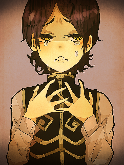 1boy androgynous brown_hair crying gopher isada looking_at_viewer sad shirt short_hair simple_background solo soul_eater tears vest yellow_eyes