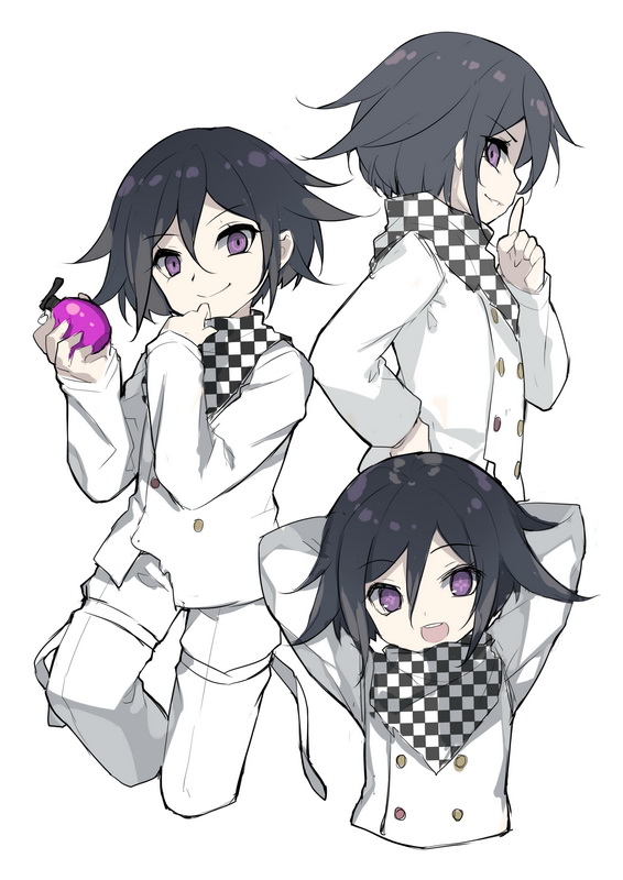 1boy arms_behind_head checkered dangan_ronpa double-breasted explosive finger_to_mouth grenade index_finger_raised looking_at_viewer new_dangan_ronpa_v3 ouma_kokichi purple_hair saru scarf short_hair smile sparkling_eyes straitjacket strap violet_eyes