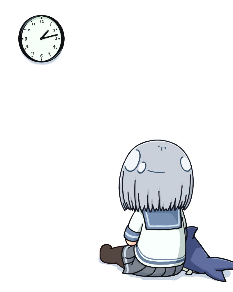 1girl black_legwear blue_sailor_collar chibi clock commentary_request from_behind grey_skirt hamakaze_(kancolle) hamatsu! kantai_collection pleated_skirt sailor_collar school_uniform serafuku short_hair silver_hair simple_background sitting skirt solo stuffed_animal stuffed_shark stuffed_toy wall_clock white_background