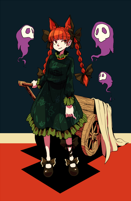1girl animal_ears black_shoes blue_background bow cart cat_ears dress ears extra_ears floating_skull floral_print frilled_dress frills green_dress hair_bow hebmu11er kaenbyou_rin leg_ribbon long_ponytail long_sleeves looking_to_the_side pinky_out red_background red_eyes redhead ribbon shoe_bow shoes smile solo standing touhou twintails two-tone_background