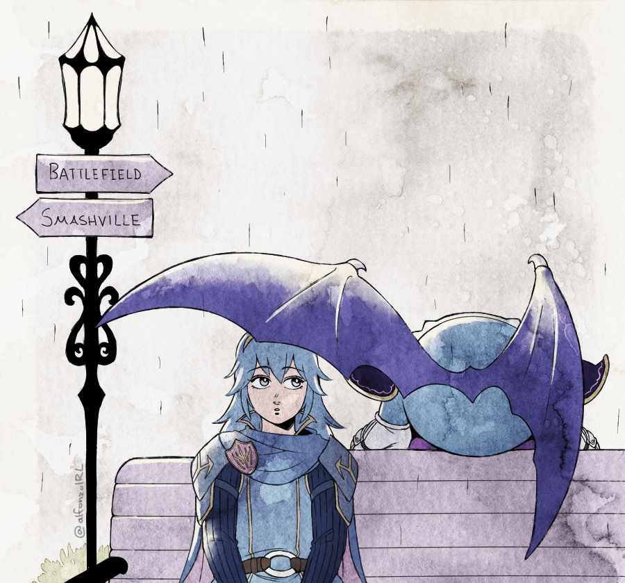 1girl alfonzoirl bench blue_hair english_text eyebrows_visible_through_hair fire_emblem fire_emblem_awakening kirby_(series) long_hair lucina lucina_(fire_emblem) meta_knight pauldrons rain sign super_smash_bros. twitter_username wings