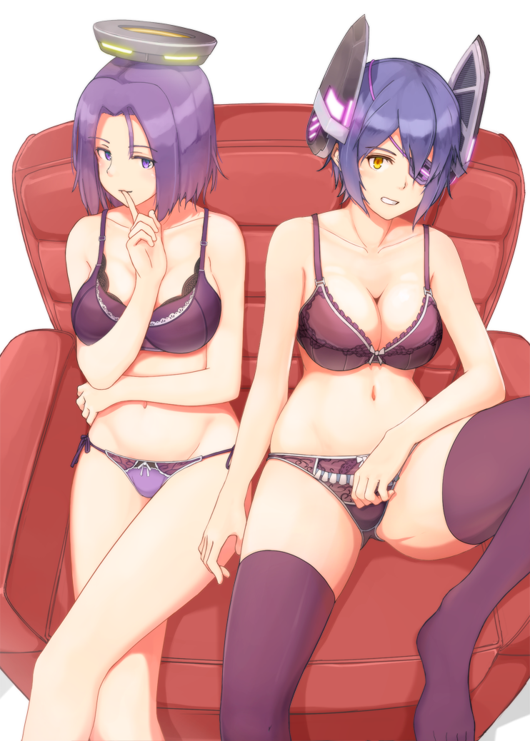 2girls bow bow_bra bow_panties bra breasts chair cleavage collarbone eyepatch finger_to_mouth grin headgear kantai_collection lace-trimmed_bra lace-trimmed_panties large_breasts lingerie looking_at_viewer mechanical_halo multiple_girls navel one_leg_raised osterei panties purple_bra purple_hair purple_panties short_hair side-by-side side-tie_panties simple_background sitting smile tatsuta_(kantai_collection) tenryuu_(kantai_collection) thigh-highs underwear underwear_only violet_eyes white_background yellow_eyes