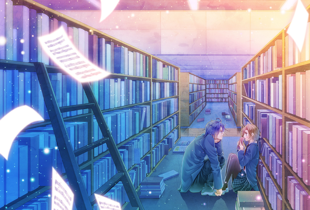 1boy 1girl ahoge alternate_costume black_legwear blue_hair blue_jacket blue_shoes blue_skirt book book_stack bookshelf brown_hair chin_rest covering_mouth elbow_on_knee eye_contact flying_paper from_side hetero holding holding_book indoors jacket kaito knees_up ladder legs_together library light_particles long_sleeves looking_at_another meiko necktie norihe on_floor open_book pants pantyhose paper plaid plaid_skirt pleated_skirt red_necktie school_uniform sheet_music shoes short_hair sitting skirt smile vanishing_point vocaloid