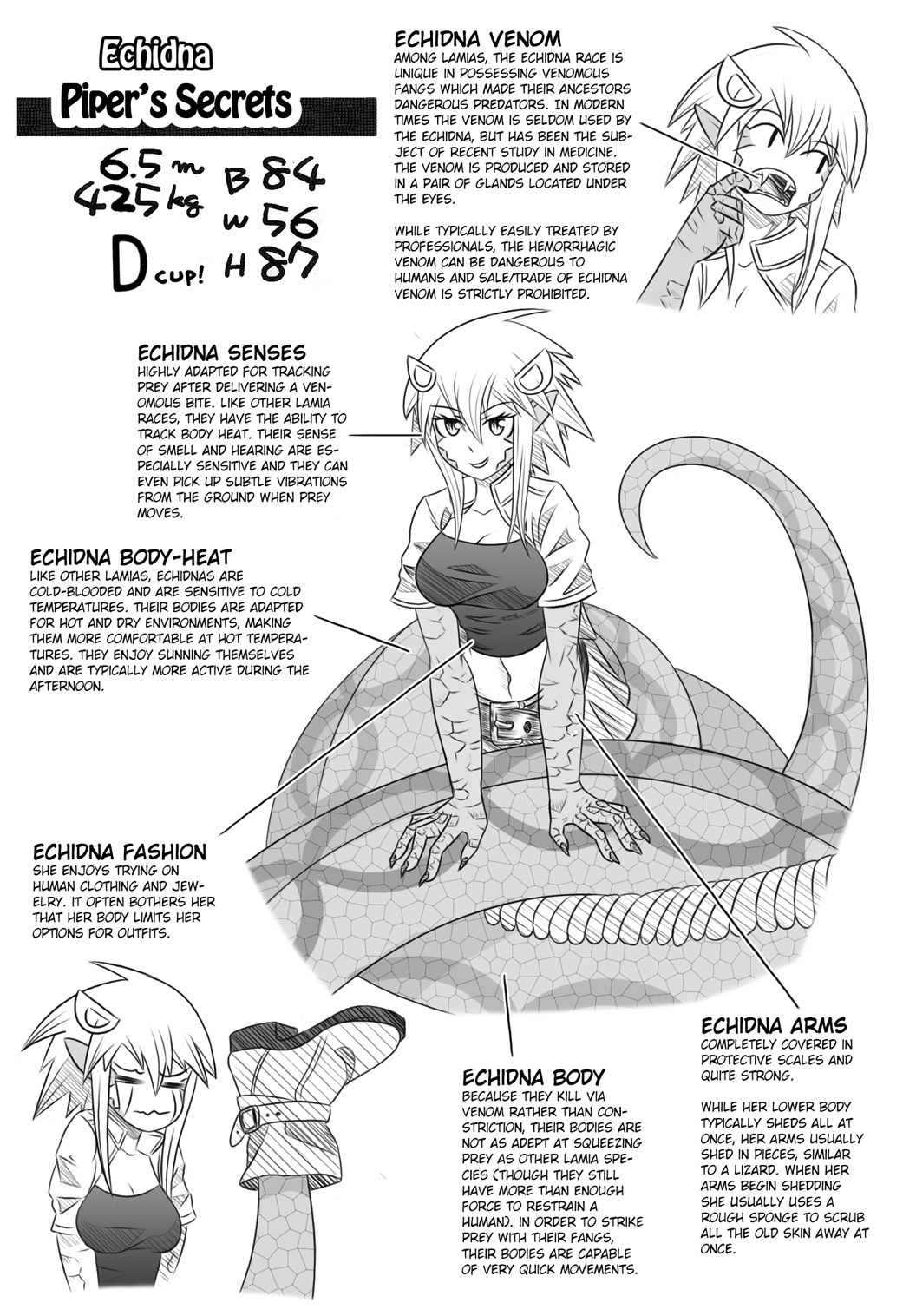 1girl artist_request breasts character_profile claws drawfag echidna_(monster_musume) english fangs finger_in_mouth hair_ornament hairclip highres lamia monochrome monster_girl monster_musume_no_iru_nichijou navel pointy_ears scales slit_pupils solo